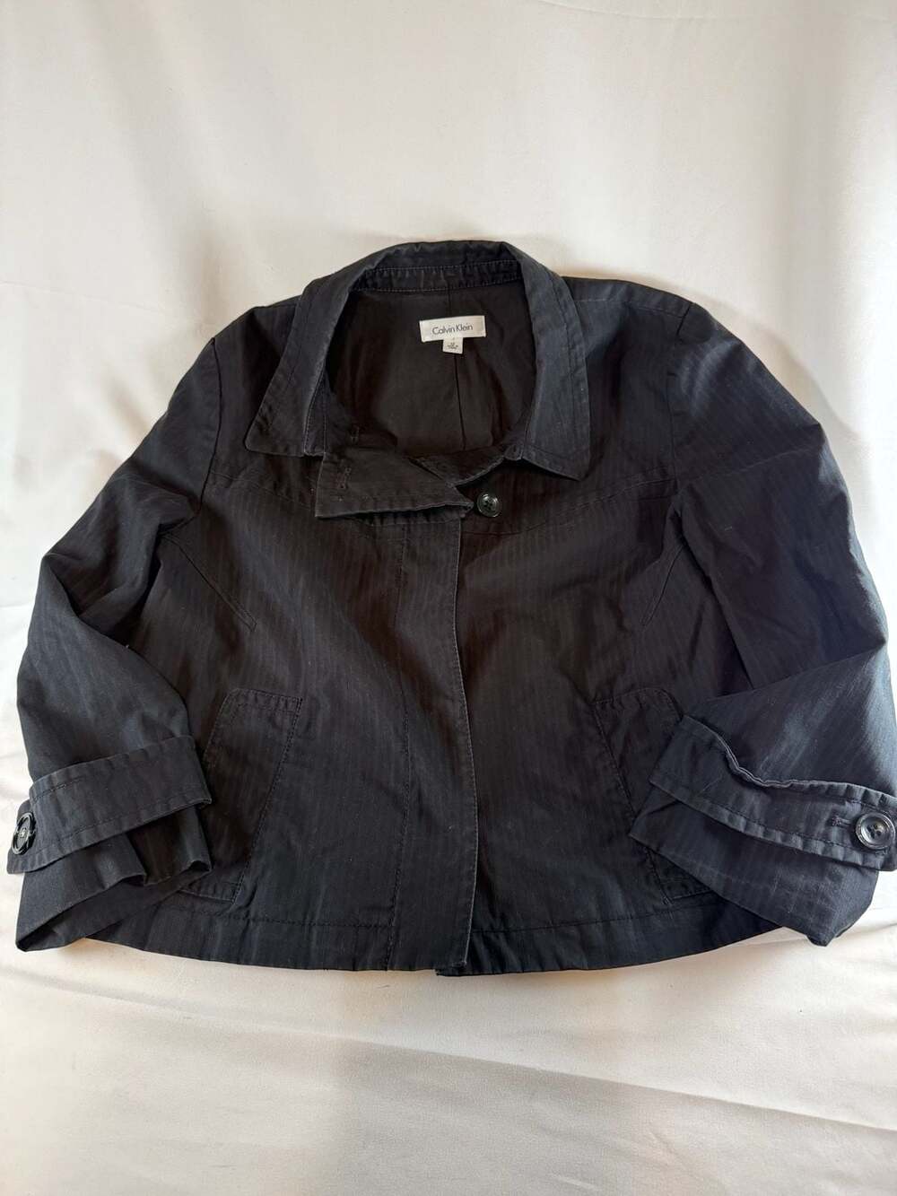 Calvin Klein Womens Jacket Size 12 Black Pinstripe Button Front Cropped Minimali
